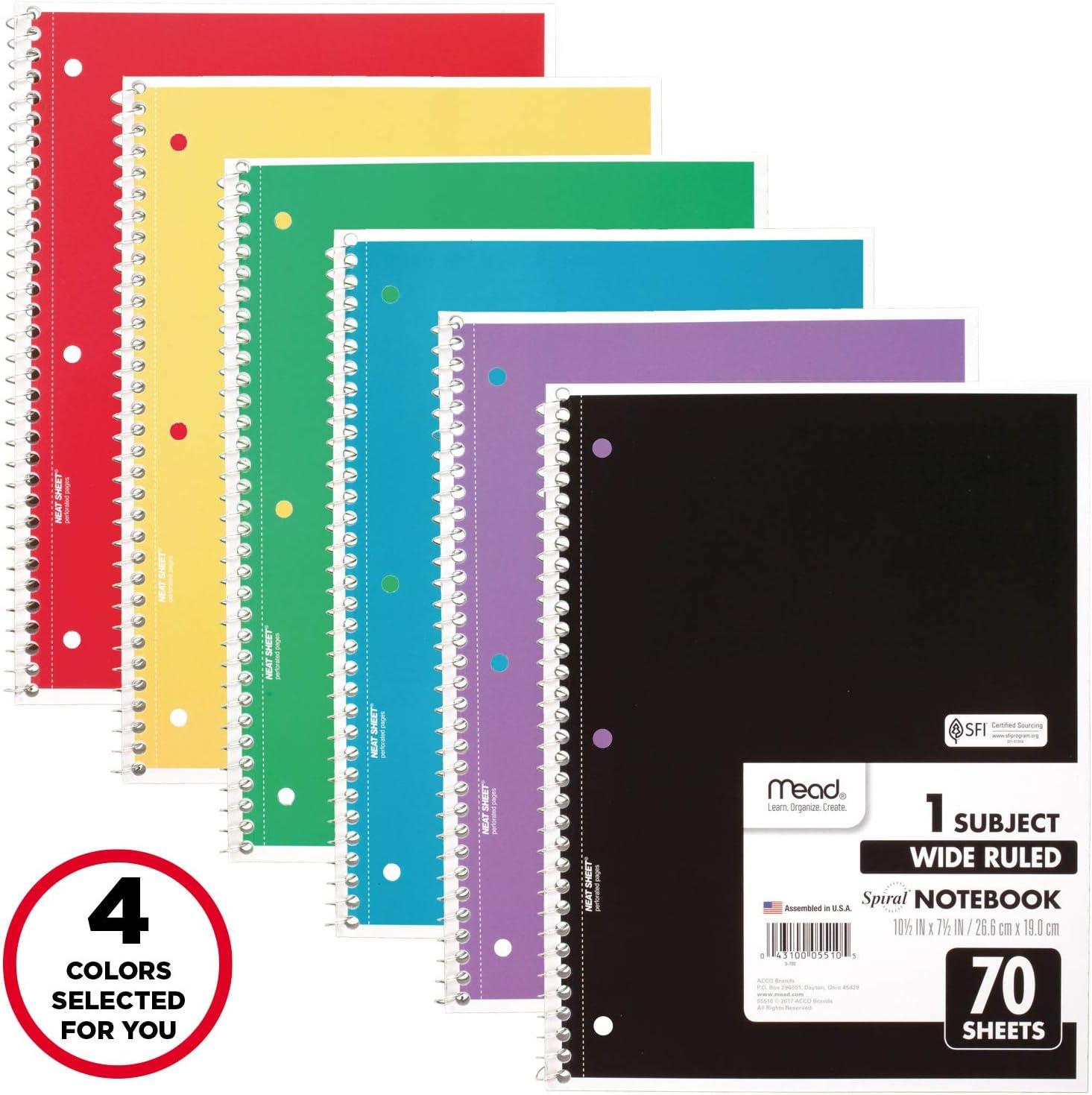 imageMead Spiral Notebook 4 Pack 1 Subject Wide Ruled Paper 712quot x 1012quot 70 Sheets per Notebook Colors Will Vary 930200ECM25Primary Colors