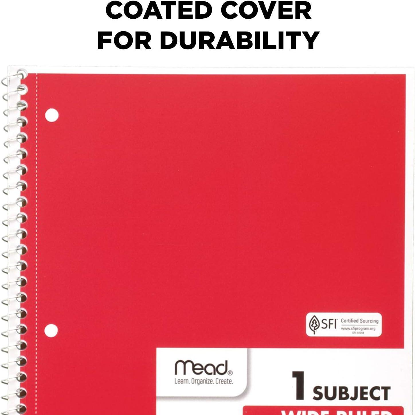 imageMead Spiral Notebook 4 Pack 1 Subject Wide Ruled Paper 712quot x 1012quot 70 Sheets per Notebook Colors Will Vary 930200ECM25Red