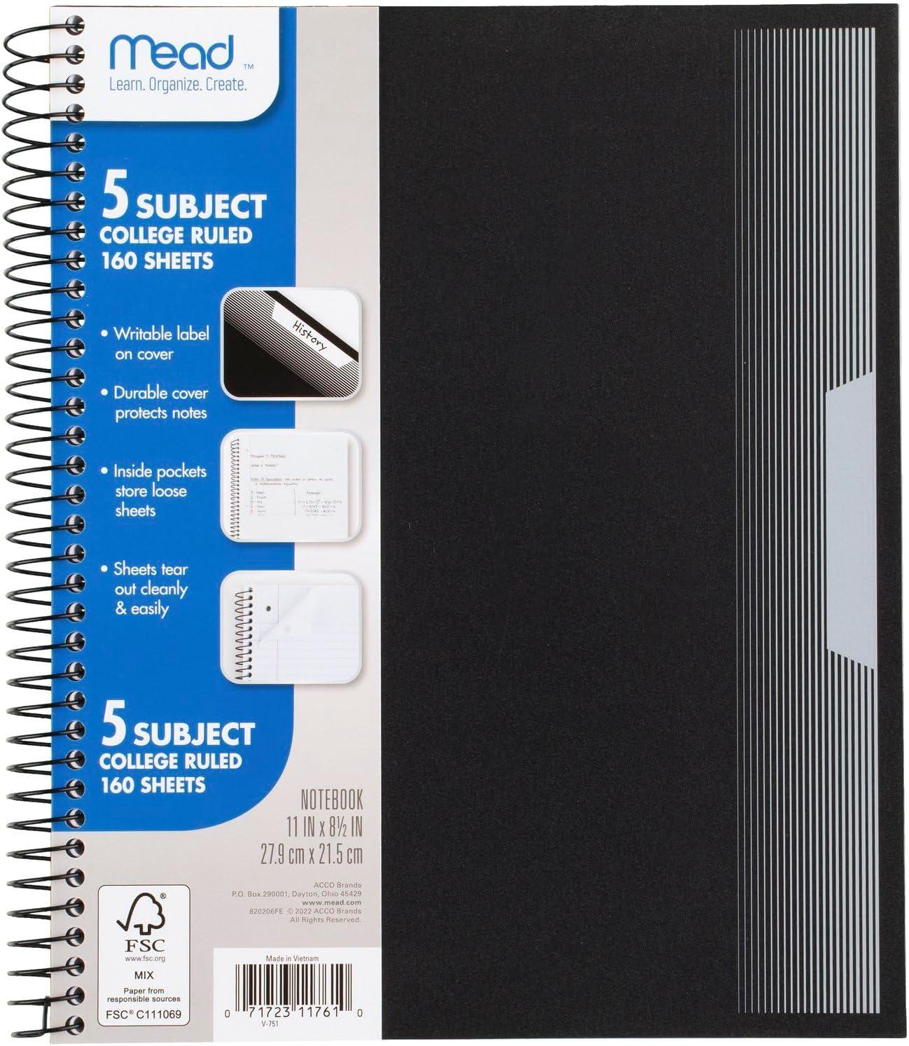imageMead Spiral Notebook 5 Pack 3 Subject College Ruled Paper Plastic Cover 812quot x 11quot 120 Sheets per Notebook Black Red Blue Green and Yellow 820315AECM5 Subject