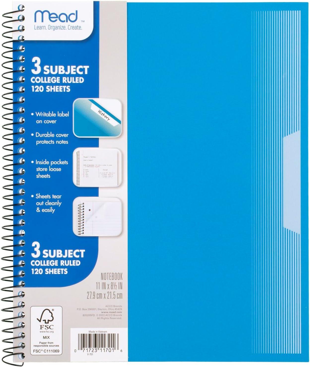 imageMead Spiral Notebook 5 Pack 3 Subject College Ruled Paper Plastic Cover 812quot x 11quot 120 Sheets per Notebook Black Red Blue Green and Yellow 820315AECM3 Subject