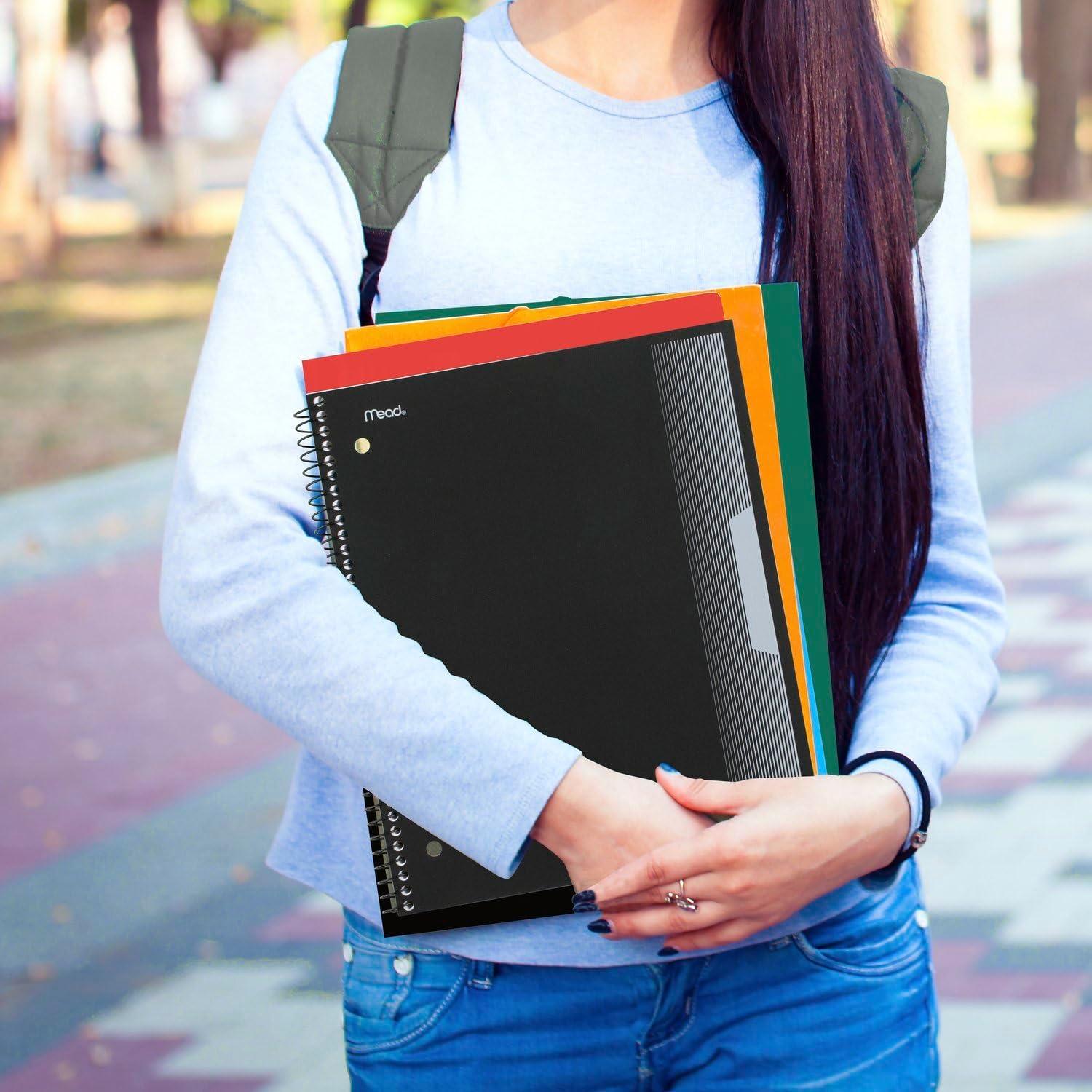 imageMead Spiral Notebook 5 Pack 3 Subject College Ruled Paper Plastic Cover 812quot x 11quot 120 Sheets per Notebook Black Red Blue Green and Yellow 820315AECM5 Subject