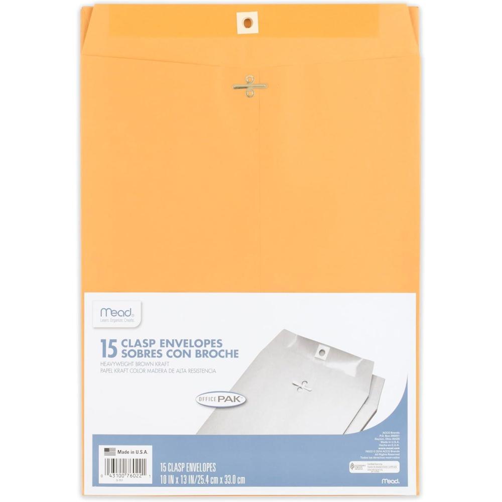 imageMead Envelopes 10quot x 13quot Clasp Closure Brown Kraft AllPurpose 24lb Paper Mailing Envelopes 15 Count 7602210 x 13