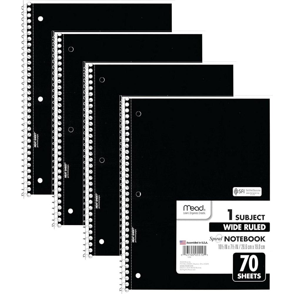 imageMead Spiral Notebook 4 Pack 1 Subject Wide Ruled Paper 712quot x 1012quot 70 Sheets per Notebook Colors Will Vary 930200ECM25Black