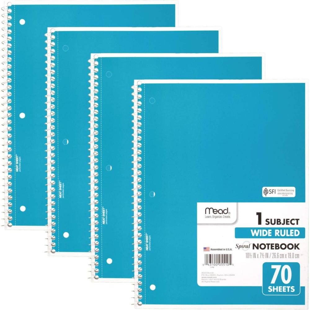 imageMead Spiral Notebook 4 Pack 1 Subject Wide Ruled Paper 712quot x 1012quot 70 Sheets per Notebook Colors Will Vary 930200ECM25Blue