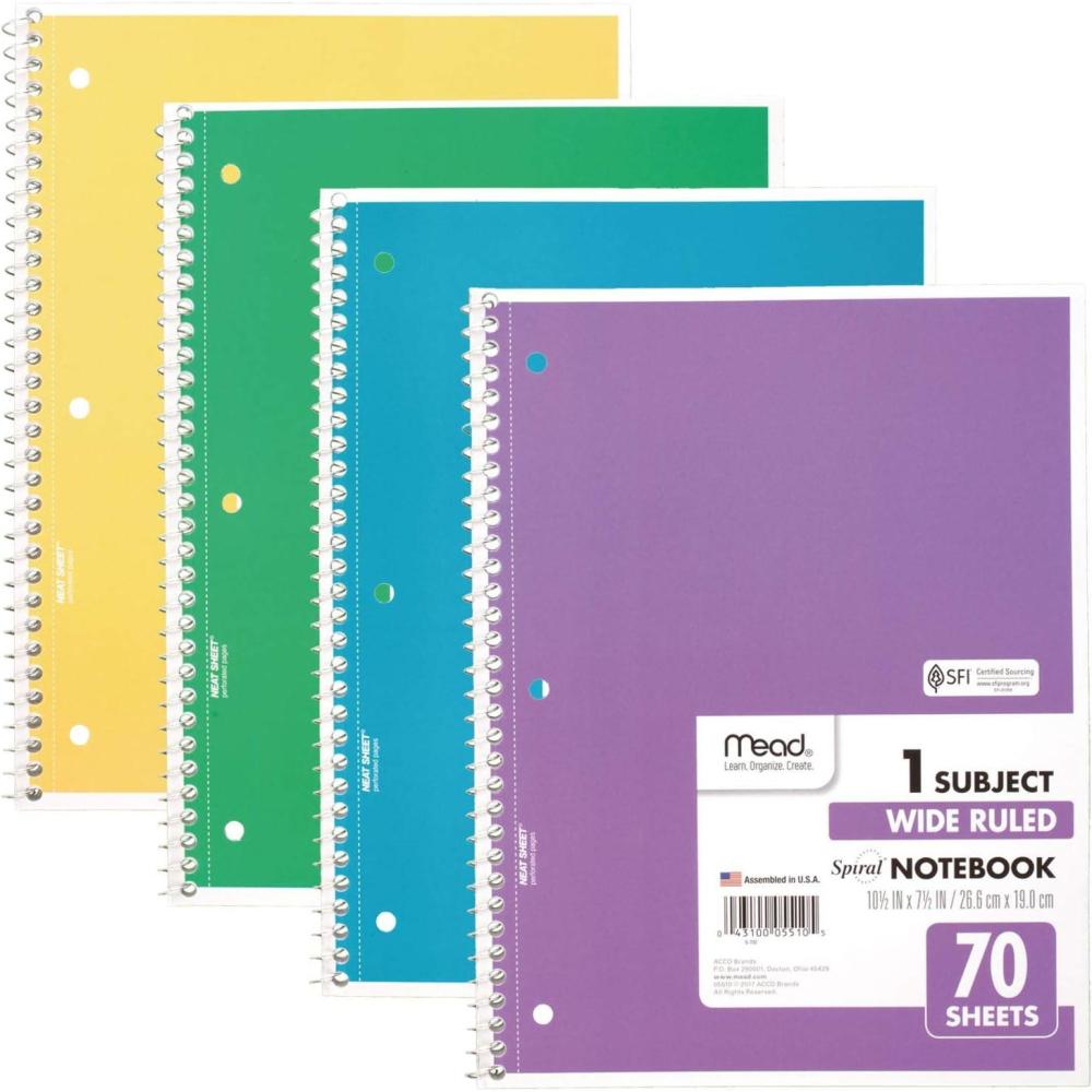 imageMead Spiral Notebook 4 Pack 1 Subject Wide Ruled Paper 712quot x 1012quot 70 Sheets per Notebook Colors Will Vary 930200ECM25Primary Colors