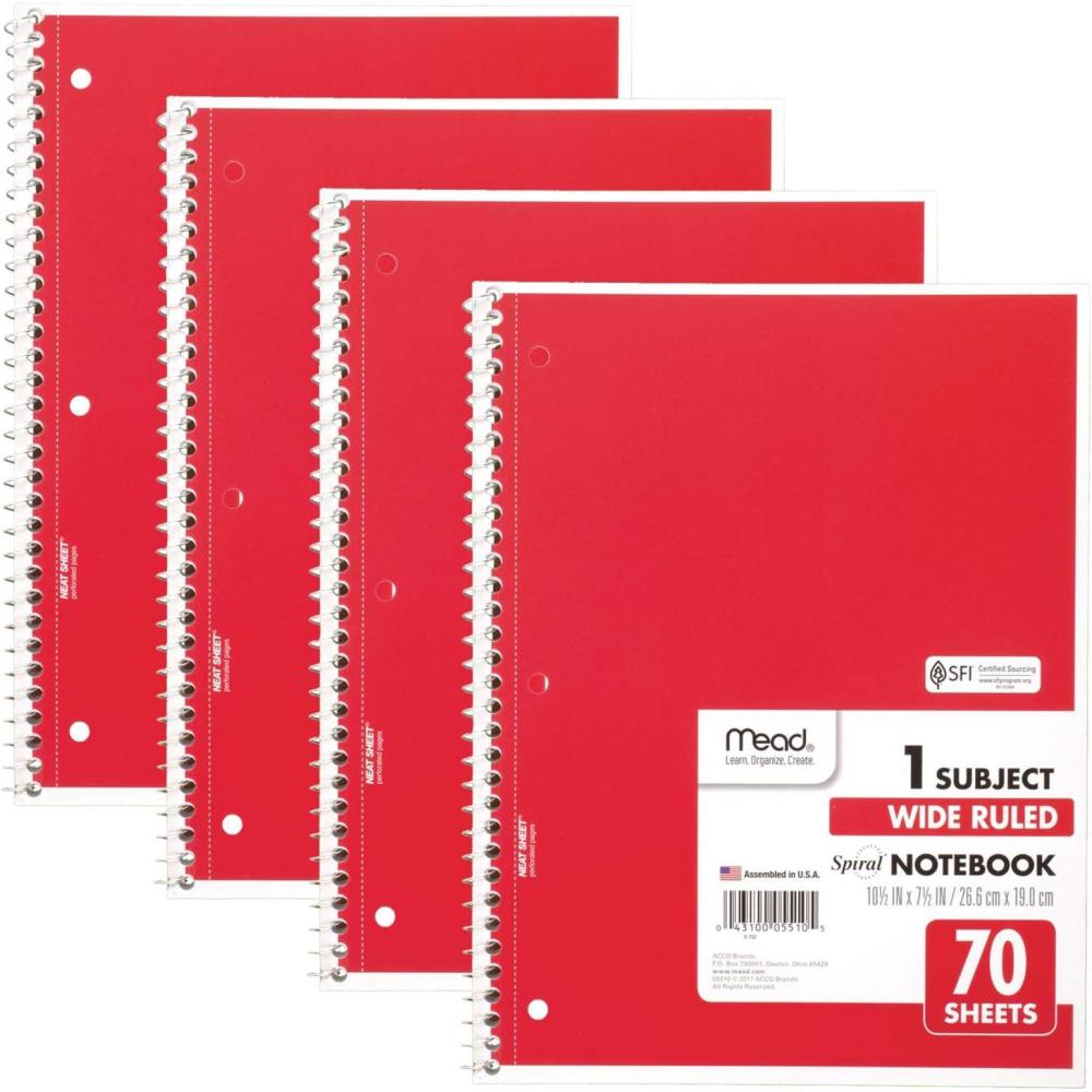 imageMead Spiral Notebook 4 Pack 1 Subject Wide Ruled Paper 712quot x 1012quot 70 Sheets per Notebook Colors Will Vary 930200ECM25Red