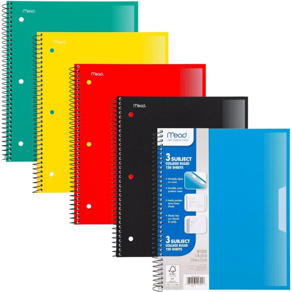 imageMead Spiral Notebook 5 Pack 3 Subject College Ruled Paper Plastic Cover 812quot x 11quot 120 Sheets per Notebook Black Red Blue Green and Yellow 820315AECM3 Subject