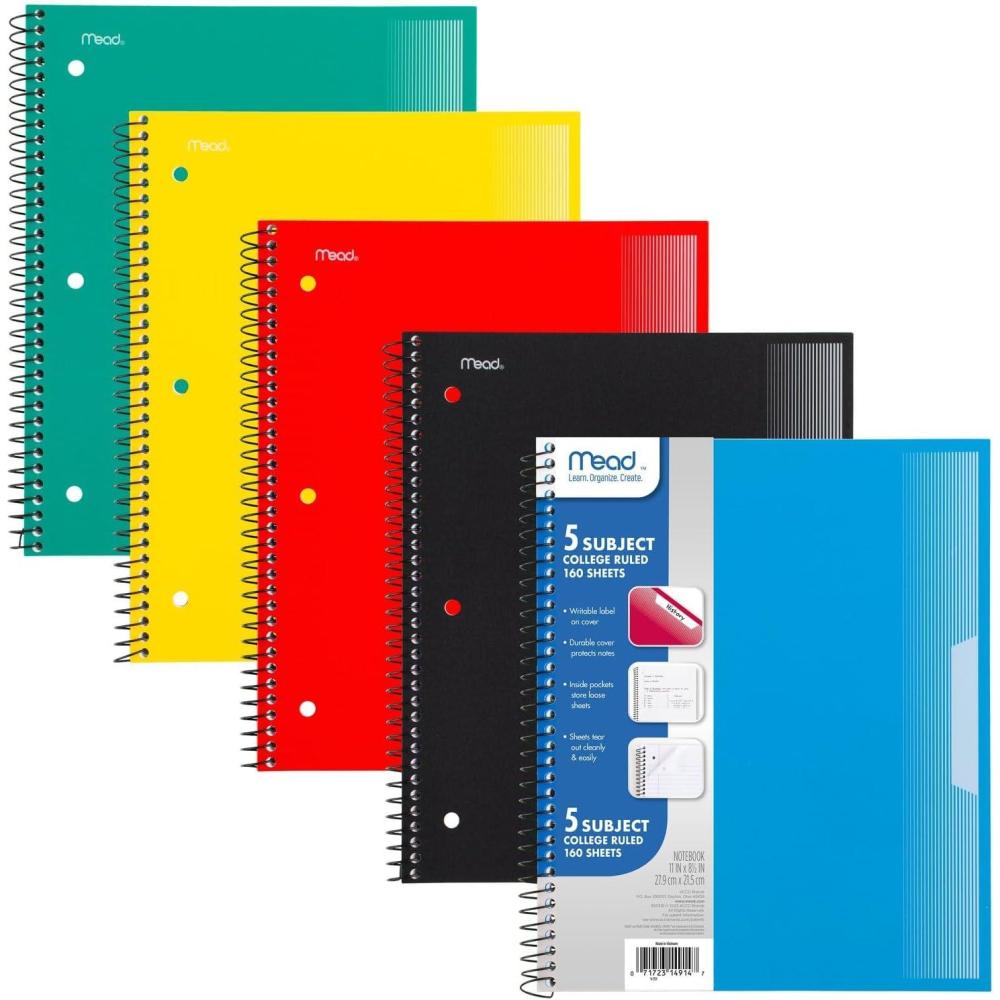 imageMead Spiral Notebook 5 Pack 3 Subject College Ruled Paper Plastic Cover 812quot x 11quot 120 Sheets per Notebook Black Red Blue Green and Yellow 820315AECM5 Subject