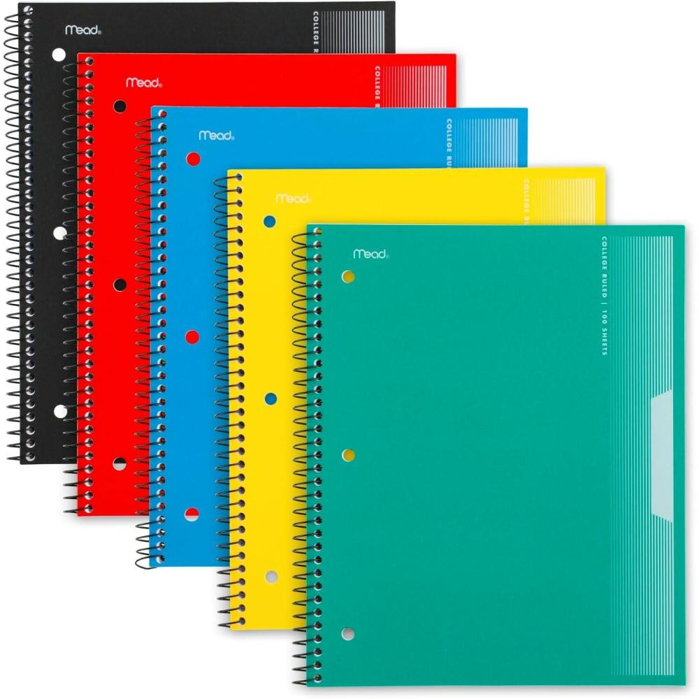 imageMead Spiral Notebook 5 Pack 3 Subject College Ruled Paper Plastic Cover 812quot x 11quot 120 Sheets per Notebook Black Red Blue Green and Yellow 820315AECM1 Subject