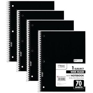imageMead Spiral Notebook 4 Pack 1 Subject Wide Ruled Paper 712quot x 1012quot 70 Sheets per Notebook Colors Will Vary 930200ECM25Black