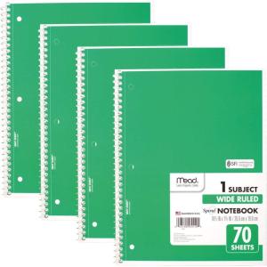 imageMead Spiral Notebook 4 Pack 1 Subject Wide Ruled Paper 712quot x 1012quot 70 Sheets per Notebook Colors Will Vary 930200ECM25Green