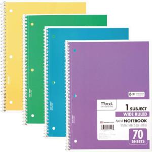imageMead Spiral Notebook 4 Pack 1 Subject Wide Ruled Paper 712quot x 1012quot 70 Sheets per Notebook Colors Will Vary 930200ECM25Primary Colors