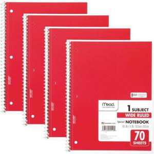 imageMead Spiral Notebook 4 Pack 1 Subject Wide Ruled Paper 712quot x 1012quot 70 Sheets per Notebook Colors Will Vary 930200ECM25Red