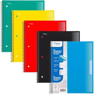 imageMead Spiral Notebook 5 Pack 3 Subject College Ruled Paper Plastic Cover 812quot x 11quot 120 Sheets per Notebook Black Red Blue Green and Yellow 820315AECM3 Subject