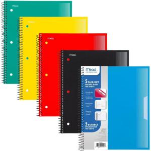 imageMead Spiral Notebook 5 Pack 3 Subject College Ruled Paper Plastic Cover 812quot x 11quot 120 Sheets per Notebook Black Red Blue Green and Yellow 820315AECM5 Subject