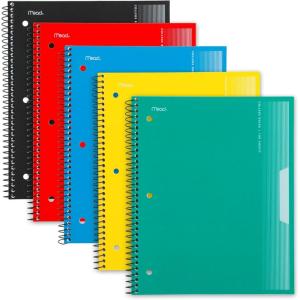 imageMead Spiral Notebook 5 Pack 3 Subject College Ruled Paper Plastic Cover 812quot x 11quot 120 Sheets per Notebook Black Red Blue Green and Yellow 820315AECM1 Subject