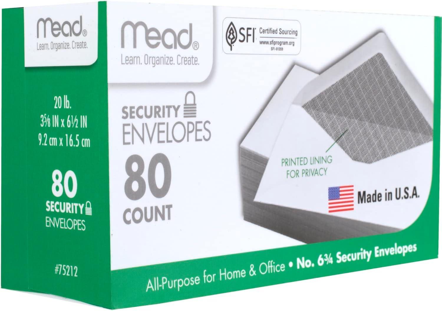 imageMead 634 Envelopes 358quot x 612quot Security Printed Lining for Privacy Gummed Closure White AllPurpose 20lb Paper Mailing Envelopes 80 Count 75212White