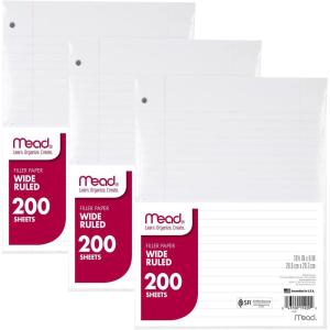 imageMead Loose Leaf Paper 3 Pack Notebook Paper Wide Ruled Filler Paper Standard 8 x 105 200 Sheets per Pack 73183Pack of 3