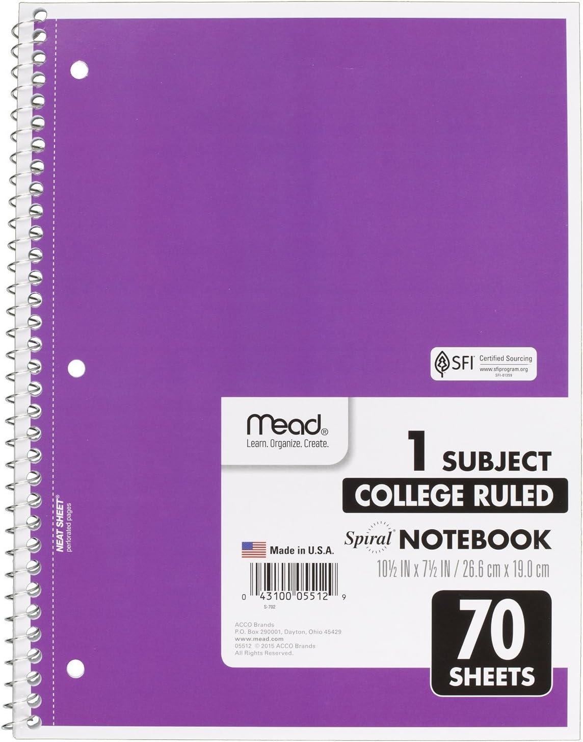 imageMead Spiral Notebook 1 Subject College Ruled Paper 70 Sheets 1012quot x 712quot Assorted Colors 05512