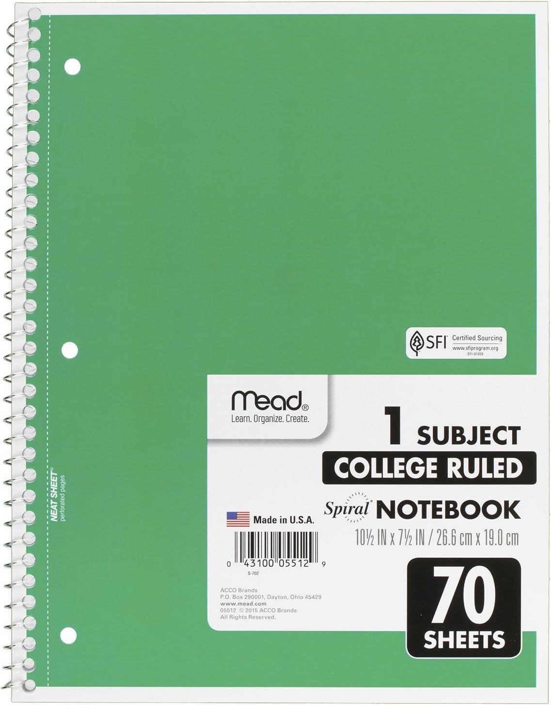 imageMead Spiral Notebook 1 Subject College Ruled Paper 70 Sheets 1012quot x 712quot Assorted Colors 05512