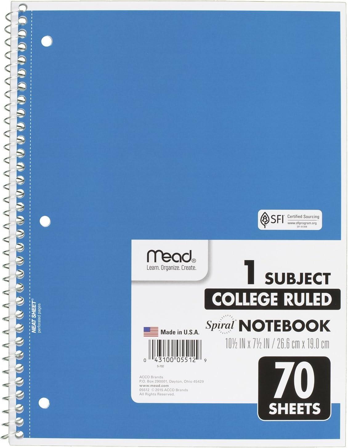 imageMead Spiral Notebook 1 Subject College Ruled Paper 70 Sheets 1012quot x 712quot Assorted Colors 05512