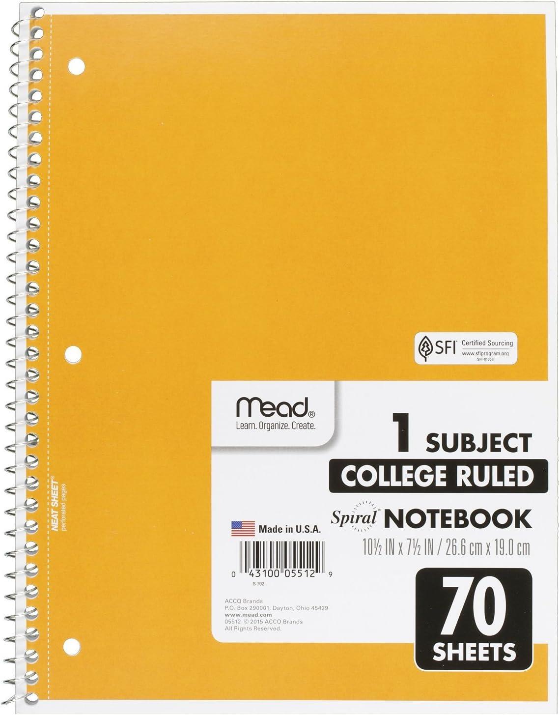 imageMead Spiral Notebook 1 Subject College Ruled Paper 70 Sheets 1012quot x 712quot Assorted Colors 05512
