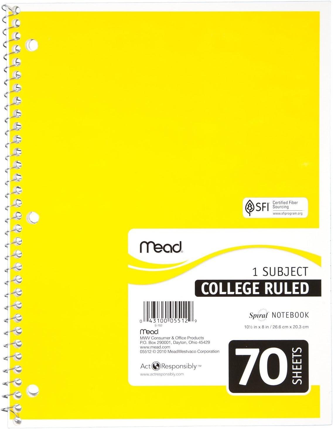 imageMead Spiral Notebook 1 Subject College Ruled Paper 70 Sheets 1012quot x 712quot Assorted Colors 05512