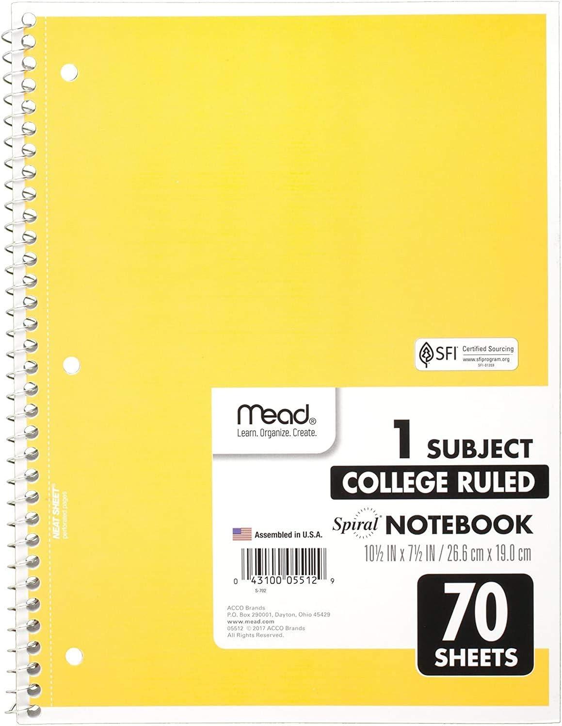 imageMead Spiral Notebook 1 Subject College Ruled Paper 712quot x 1012quot 70 Sheets Color Will Vary 055121 Count Pack of 1