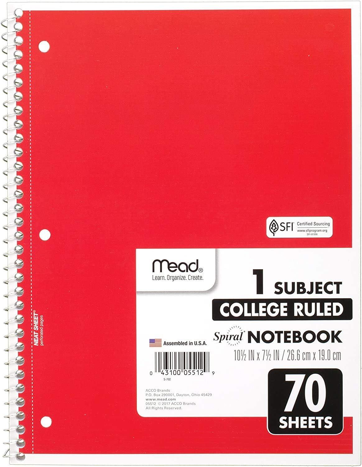 imageMead Spiral Notebook 1 Subject College Ruled Paper 712quot x 1012quot 70 Sheets Color Will Vary 055121 Count Pack of 1