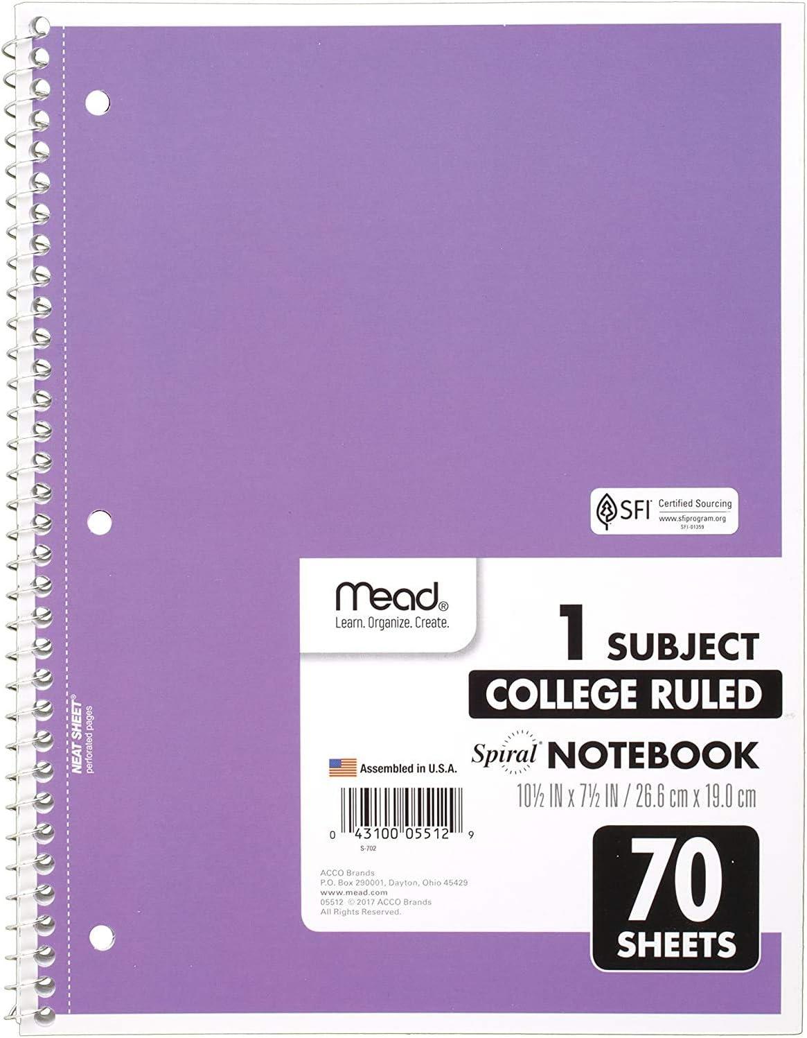 imageMead Spiral Notebook 1 Subject College Ruled Paper 712quot x 1012quot 70 Sheets Color Will Vary 055121 Count Pack of 1
