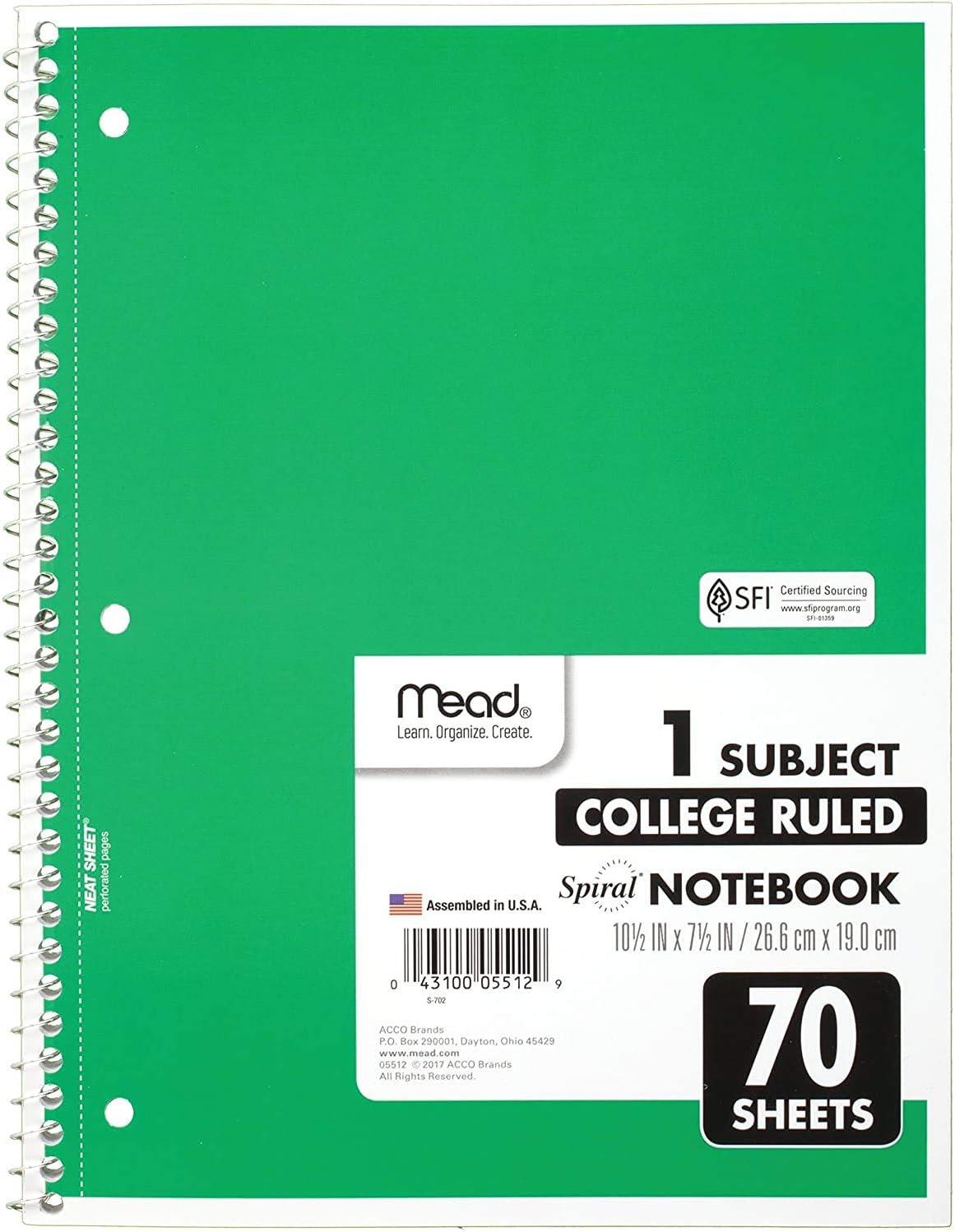 imageMead Spiral Notebook 1 Subject College Ruled Paper 712quot x 1012quot 70 Sheets Color Will Vary 055121 Count Pack of 2