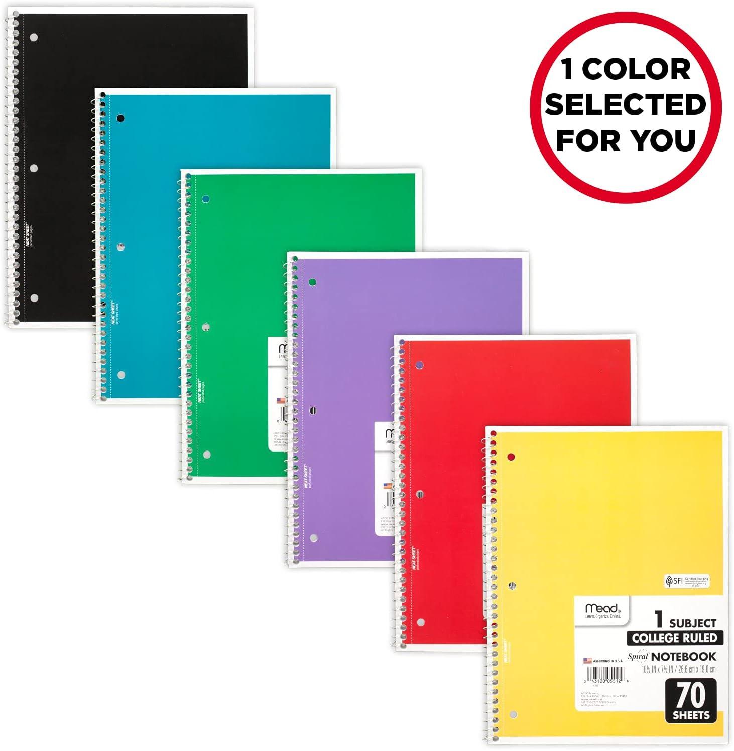 imageMead Spiral Notebook 1 Subject College Ruled Paper 712quot x 1012quot 70 Sheets Color Will Vary 055121 Count Pack of 2