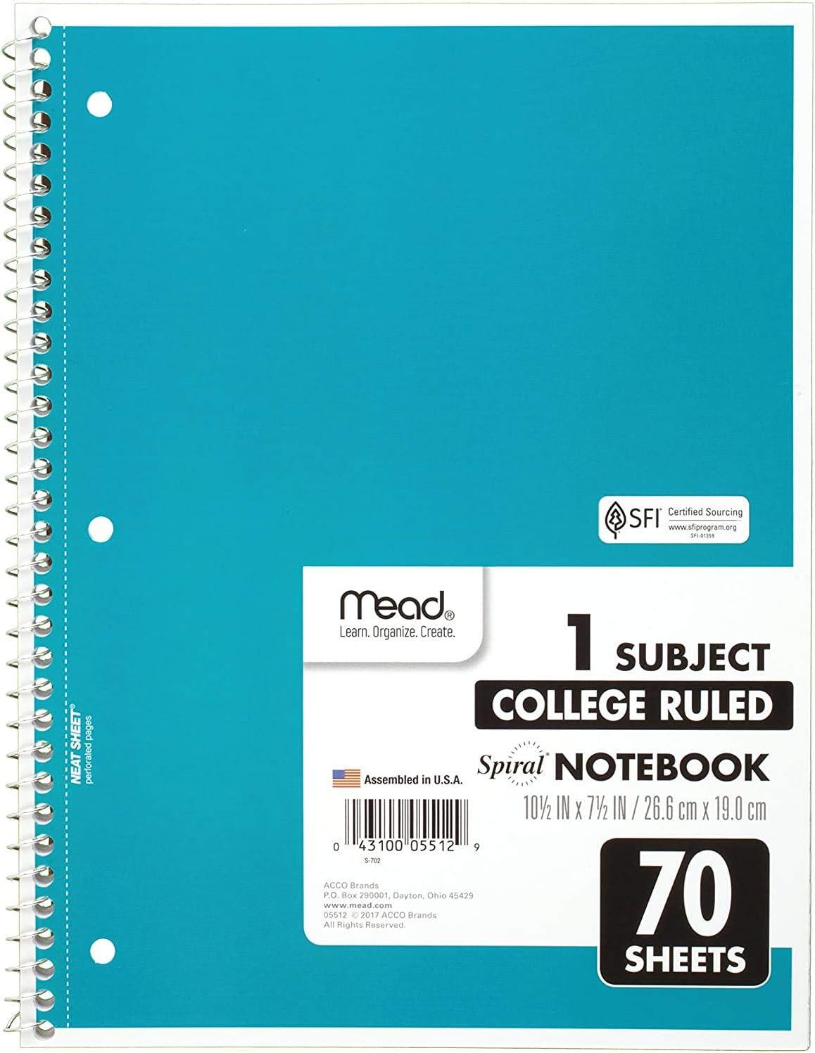 imageMead Spiral Notebook 1 Subject College Ruled Paper 712quot x 1012quot 70 Sheets Color Will Vary 055121 Count Pack of 2