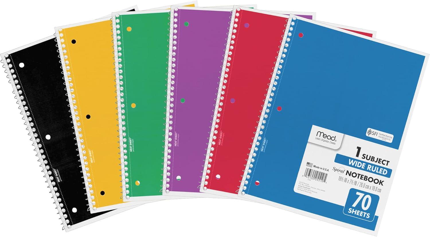 imageMead Spiral Notebook 1 Subject Wide Ruled Paper 712quot x 1012quot 70 Sheets Color Will Vary 05510Assorted Colors