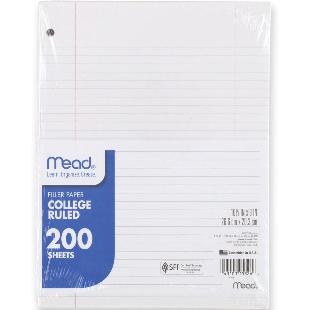imageMead Loose Leaf Paper Notebook Paper College Ruled Filler Paper Standard 8 x 105 200 Sheets 15326Pack of 1