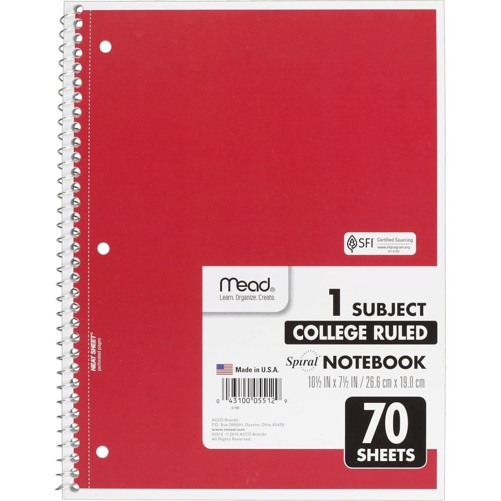 imageMead Spiral Notebook 1 Subject College Ruled Paper 70 Sheets 1012quot x 712quot Assorted Colors 05512