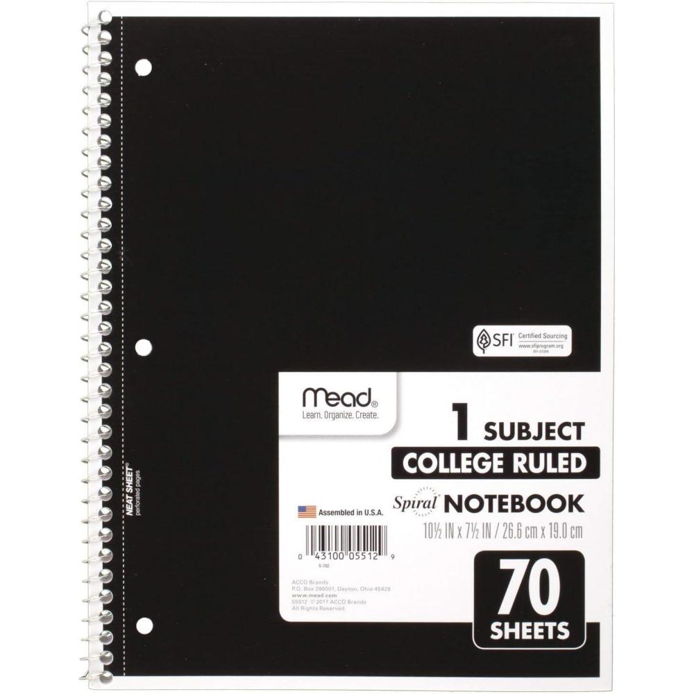 imageMead Spiral Notebook 1 Subject College Ruled Paper 712quot x 1012quot 70 Sheets Color Will Vary 055121 Count Pack of 1