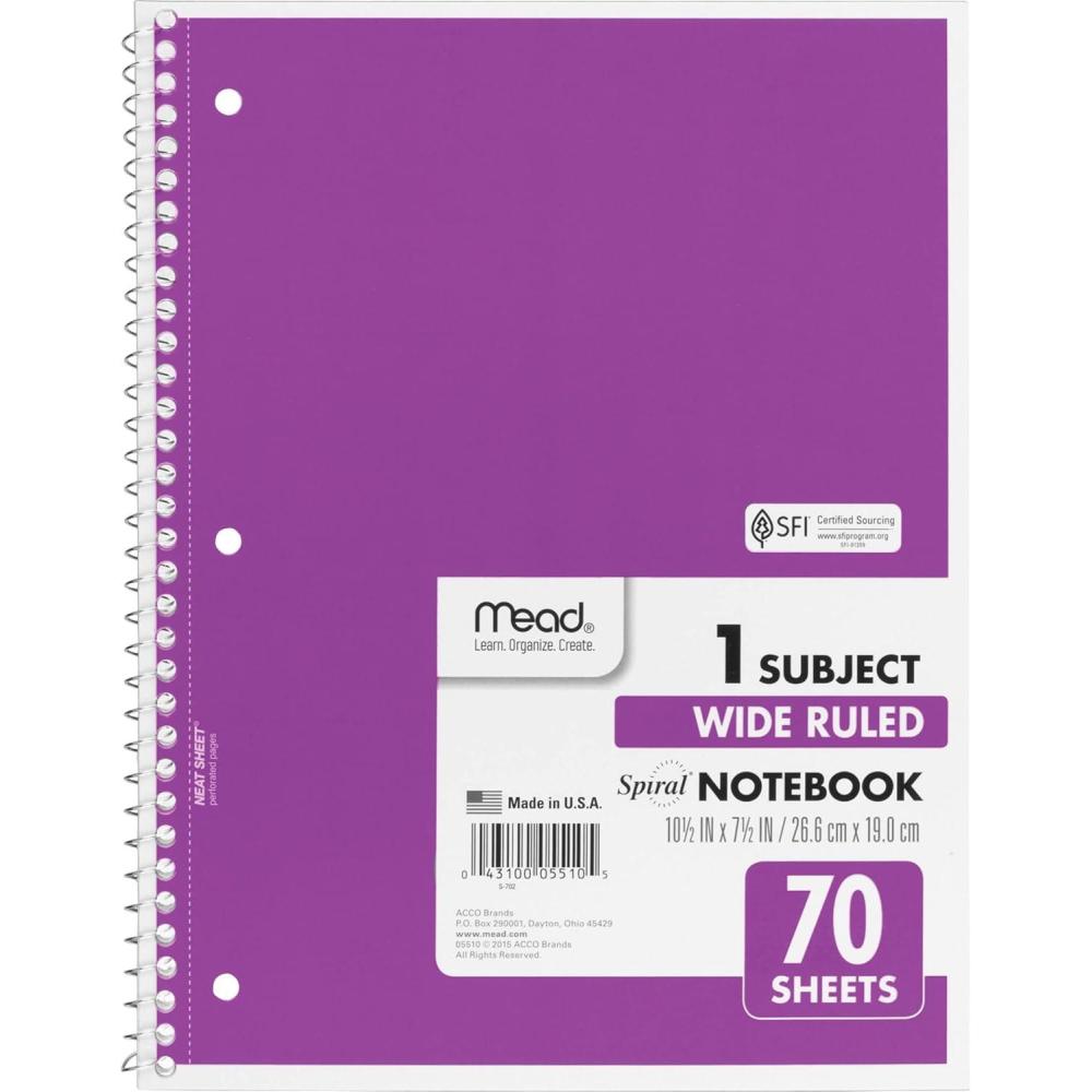 imageMead Spiral Notebook 1 Subject Wide Ruled Paper 712quot x 1012quot 70 Sheets Color Will Vary 05510Assorted Colors