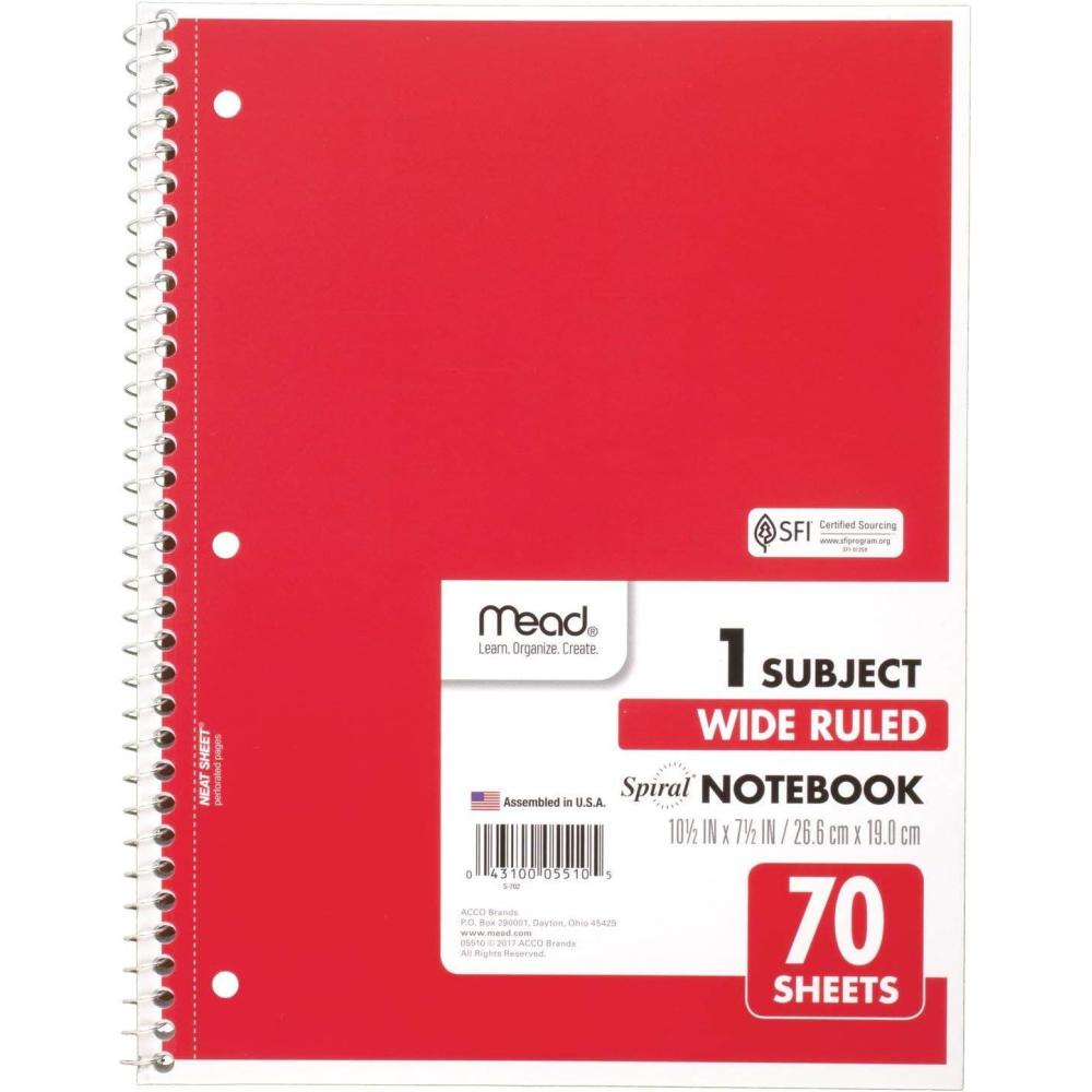 imageMead Spiral Notebook 1 Subject Wide Ruled Paper 712quot x 1012quot 70 Sheets Color Will Vary 05510D Blue