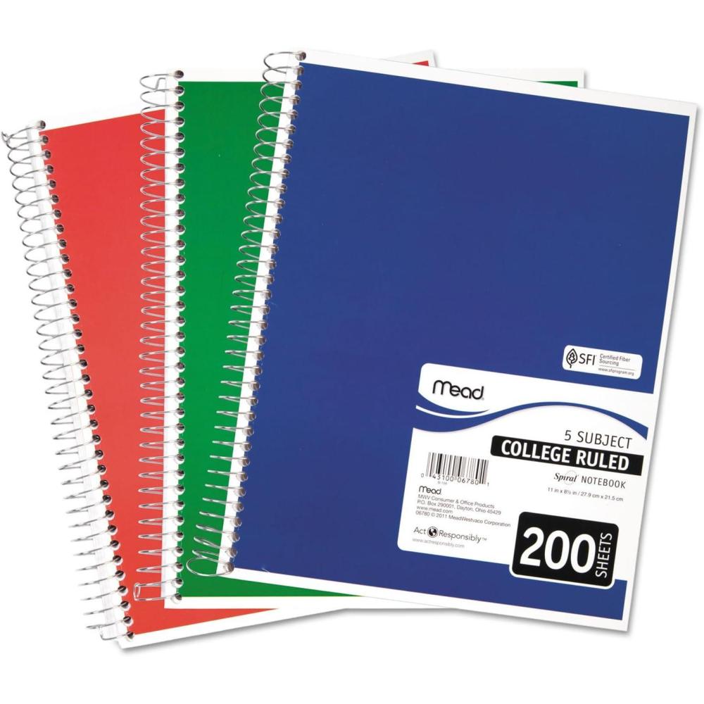 imageMead Spiral Notebook College Ruled Paper 11quot x 8quot 200 Sheets Assorted Colors 1 Count 067801 Pack