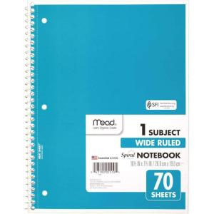 imageMead Spiral Notebook 1 Subject Wide Ruled Paper 70 Sheets 1012quot x 8quot Blue 05510AY7