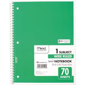 imageMead Spiral Notebook 1 Subject Wide Ruled Paper 70 Sheets 1012quot x 8quot Green 05510AC5Green