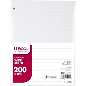 imageMead Filler Paper Loose Leaf Paper Wide Ruled Paper 200 Sheets 1012 x 8 White 15200