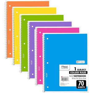 imageMead Spiral Notebooks 6 Pack 1Subject College Ruled Paper 1012 x 8 70 Sheets per Notebook Assorted Colors 73065