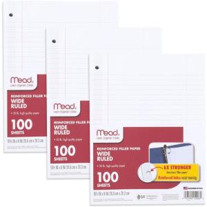 imageMead Loose Leaf Paper 3 Pack Notebook Paper Wide Ruled Filler Paper Reinforced 8 x 105 100 Sheets per Pack 380383 Pack