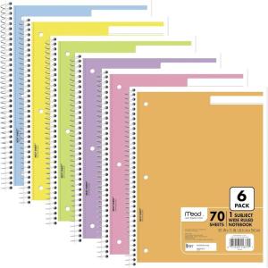 imageMead Spiral Notebook 1 Subject Wide Ruled Paper 8 x 1012 70 Sheets Selected Colors Will Vary 6 Pack 930267Pastel Colors