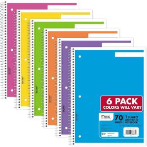 imageMead Spiral Notebook 1 Subject Wide Ruled Paper 8 x 1012 70 Sheets Selected Colors Will Vary 6 Pack 930267Random Vivid