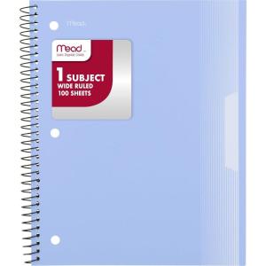 imageMead Spiral Notebook 1 Subject Wide Ruled Paper Plastic Cover 8 x 1012 100 Sheets Pastel Blue 930092GPastel Blue