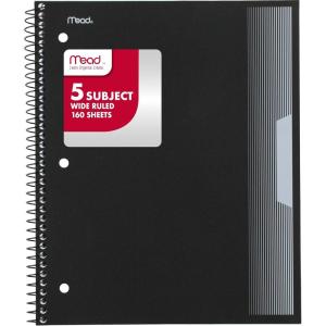 imageMead Spiral Notebook 5 Subject College Ruled Paper Plastic Cover 812 x 11 160 Sheets Black 820206FEWide Ruled