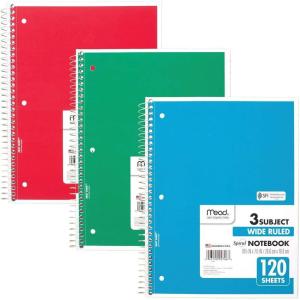 imageMead Spiral Notebooks 3 Subject Wide Ruled Paper 120 Sheets 1012 x 712 Red Green Blue 3 Pack 73179RedGreenBlue